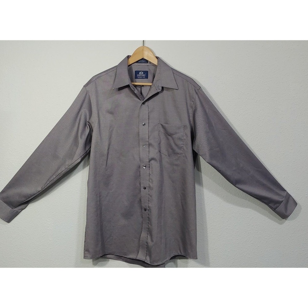 Sanford Wrikle-free 16 1/2 Solid Gray Button Up Long Sleeve Dress Shirt Mens - Picture 5 of 12